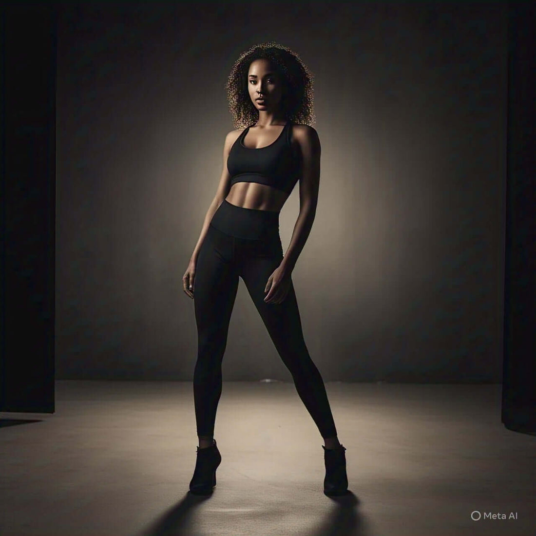 Confident woman in sculpted black leggings and sports bra, showcasing fitness fashion and empowering athleisure wear.