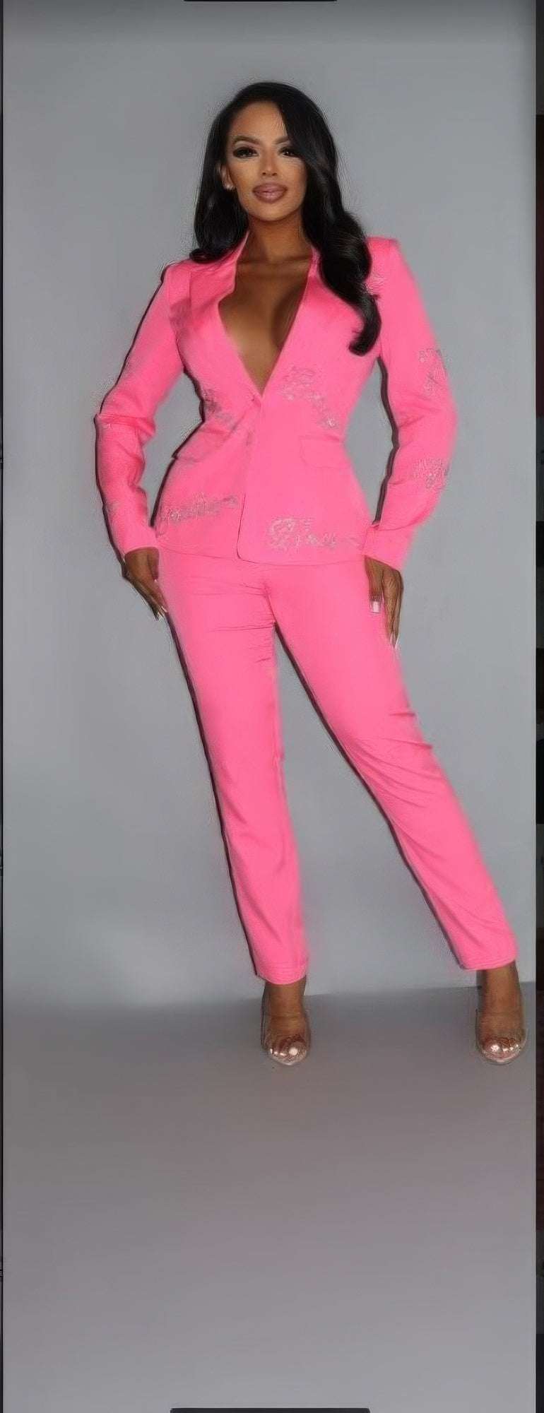 2 Piece Powersuit Blazer & Pants Set With Rhinestone Letterings On Blazer - The Diva Goddess