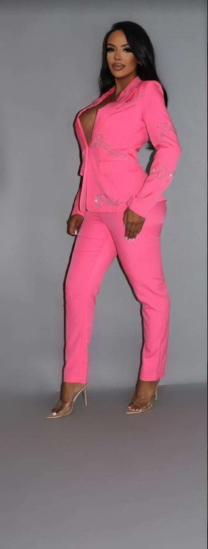 2 Piece Powersuit Blazer & Pants Set With Rhinestone Letterings On Blazer - The Diva Goddess