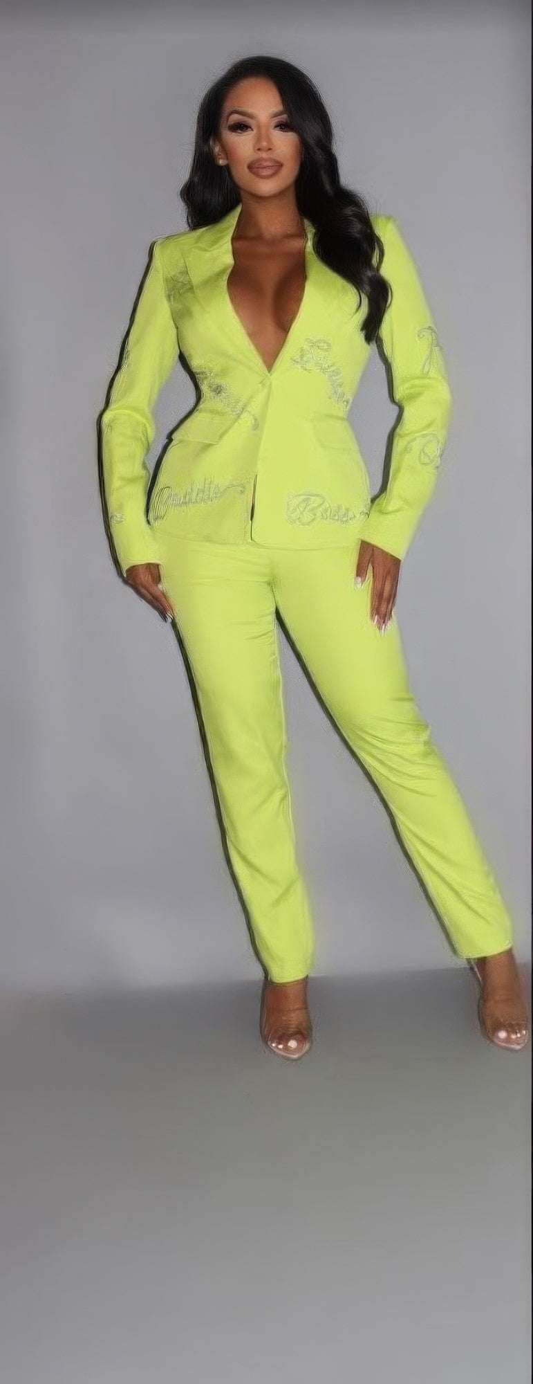 2 Piece Powersuit Blazer & Pants Set With Rhinestone Letterings On Blazer - The Diva Goddess