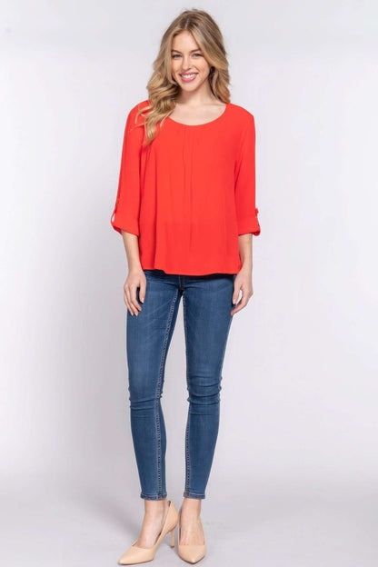 3/4 Roll Up Slv Pleated Blouse - The Diva Goddess