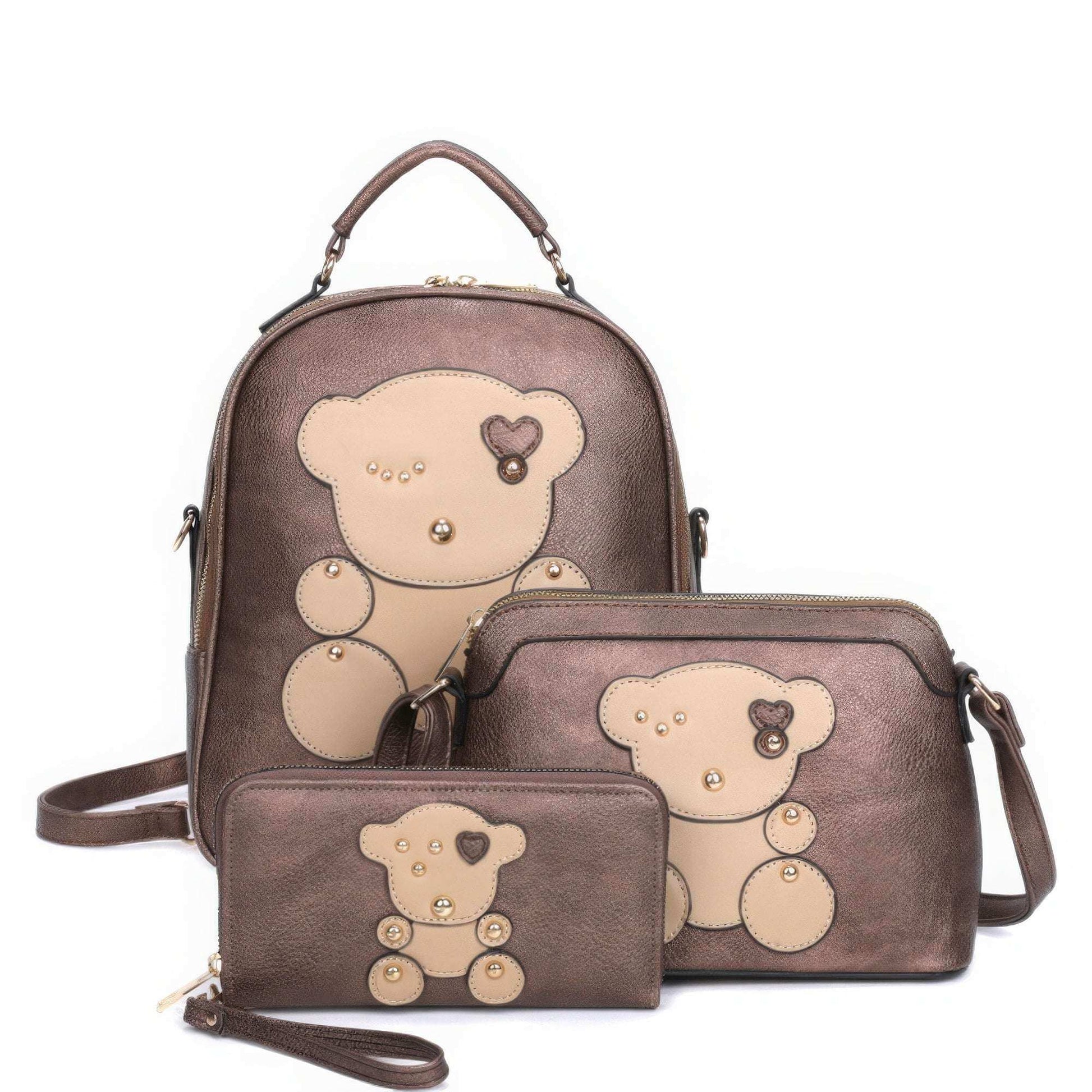 3in1 Cute Bear Design Handle Backpack W Crossbody And Wallet Set - The Diva Goddess