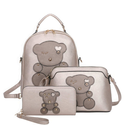 3in1 Cute Bear Design Handle Backpack W Crossbody And Wallet Set - The Diva Goddess