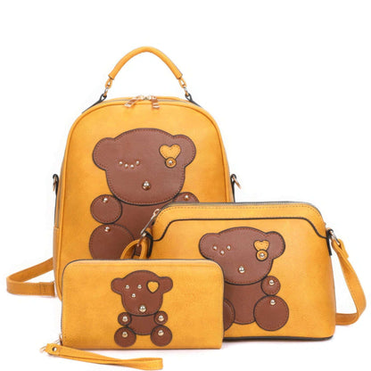 3in1 Cute Bear Design Handle Backpack W Crossbody And Wallet Set - The Diva Goddess