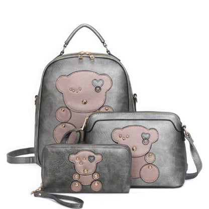 3in1 Cute Bear Design Handle Backpack W Crossbody And Wallet Set - The Diva Goddess