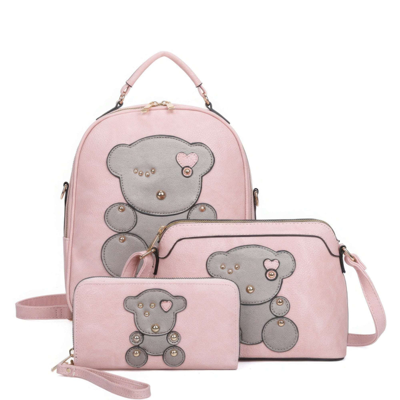 3in1 Cute Bear Design Handle Backpack W Crossbody And Wallet Set - The Diva Goddess