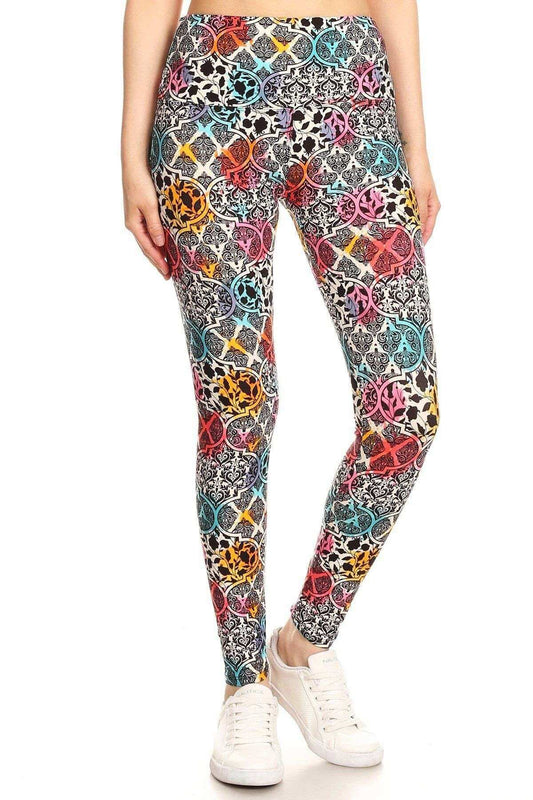 5-inch Long Yoga Style Banded Lined Damask Pattern Printed Knit Legging With High Waist - The Diva Goddess