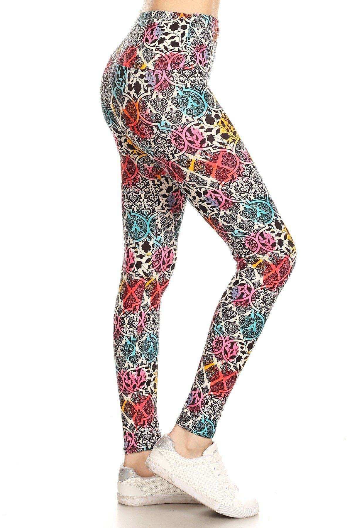 5-inch Long Yoga Style Banded Lined Damask Pattern Printed Knit Legging With High Waist - The Diva Goddess