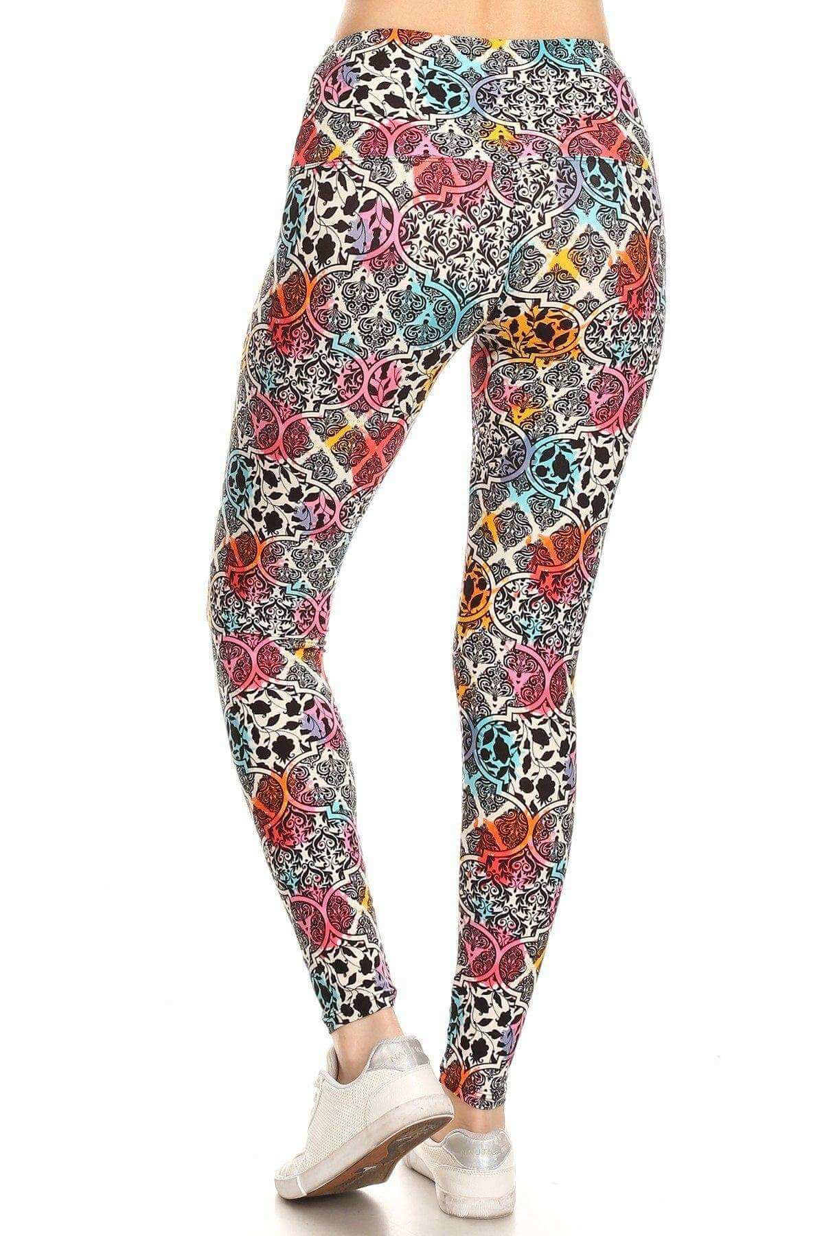 5-inch Long Yoga Style Banded Lined Damask Pattern Printed Knit Legging With High Waist - The Diva Goddess