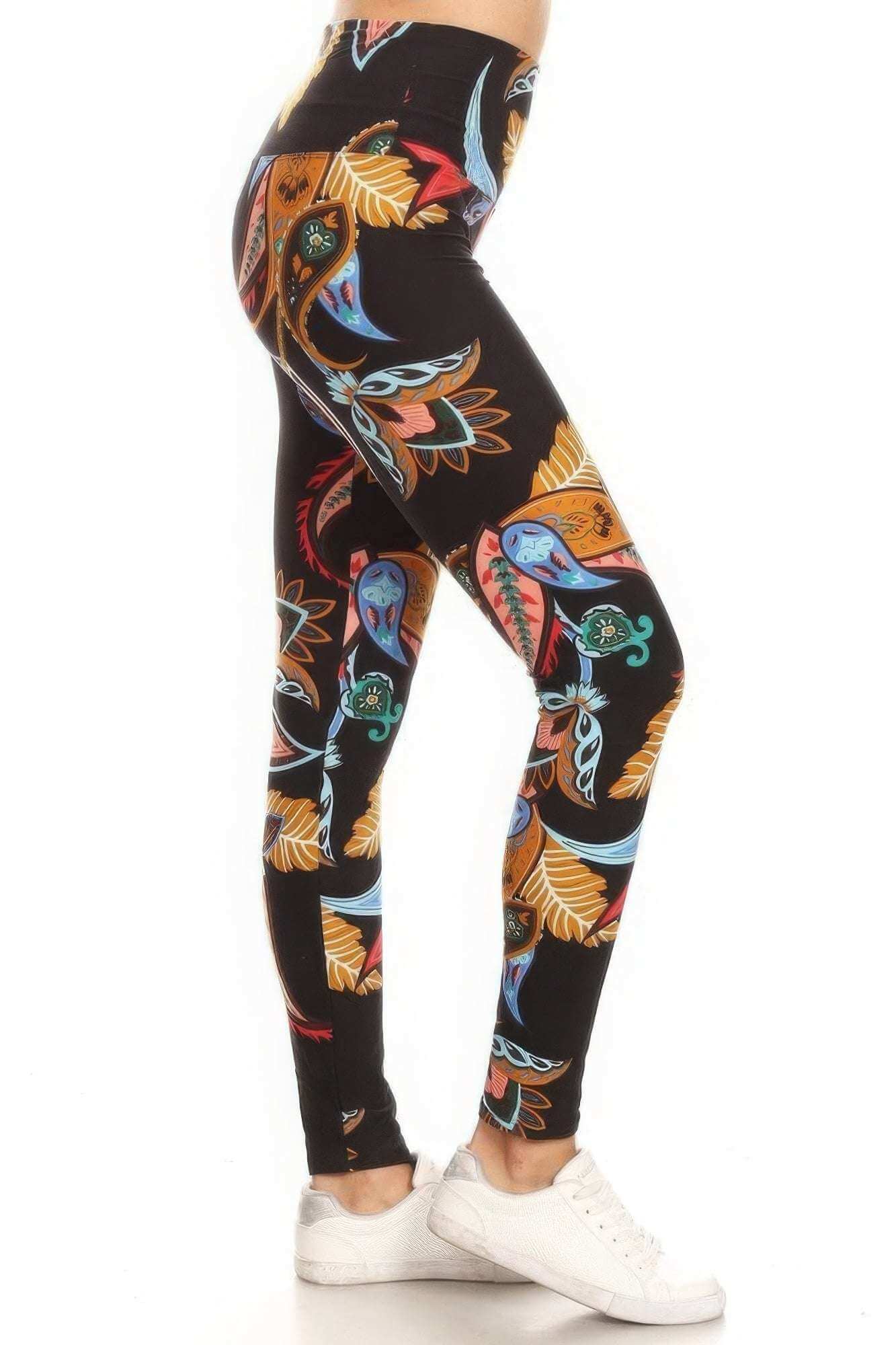 5-inch Long Yoga Style Banded Lined Paisley Floral Printed Knit Legging With High Waist - The Diva Goddess