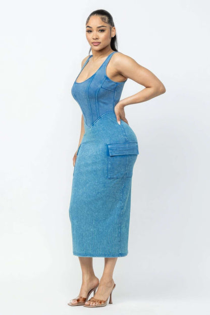 Acid Washed Cargo Midi Dress - The Diva Goddess