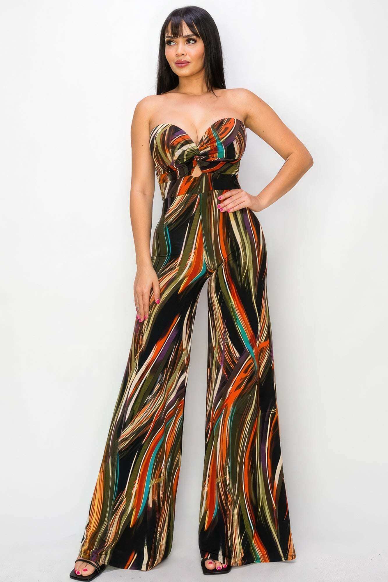 Allover Print Twist Front Wide Leg Jumpsuit - The Diva Goddess