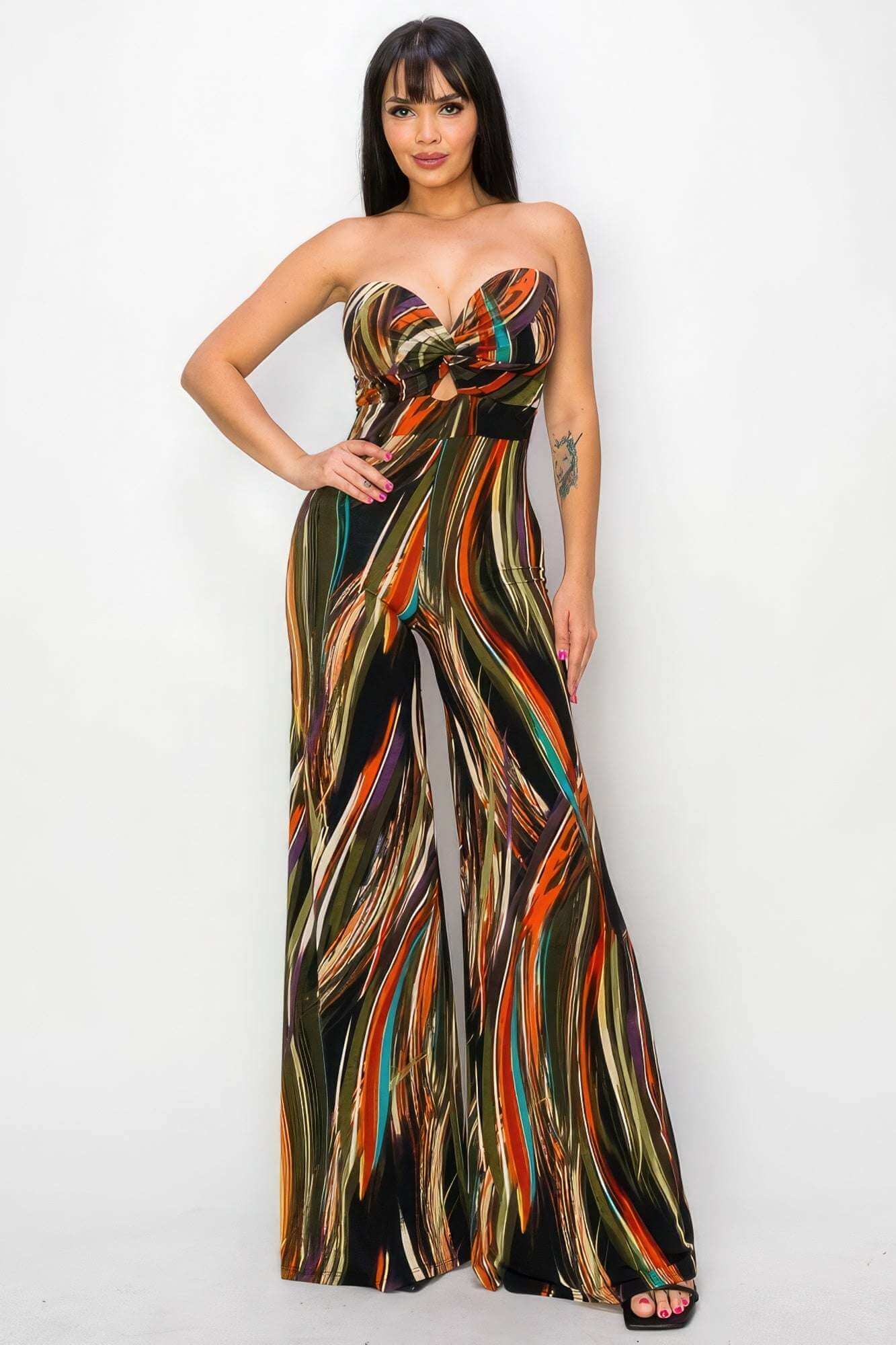 Allover Print Twist Front Wide Leg Jumpsuit - The Diva Goddess