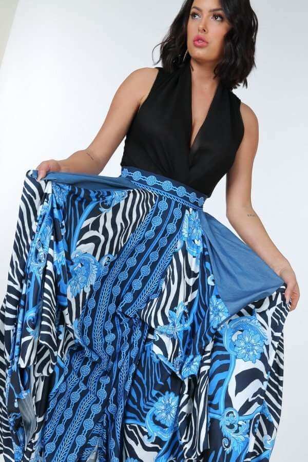 Animal Chain Print Denim Tacked Maxi Skirt In Black Gold - The Diva Goddess