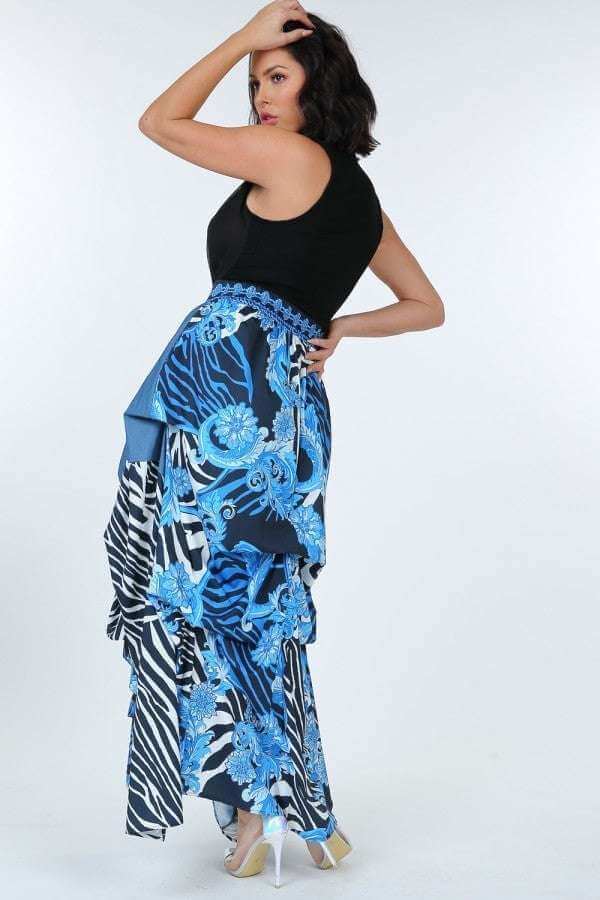 Animal Chain Print Denim Tacked Maxi Skirt In Black Gold - The Diva Goddess