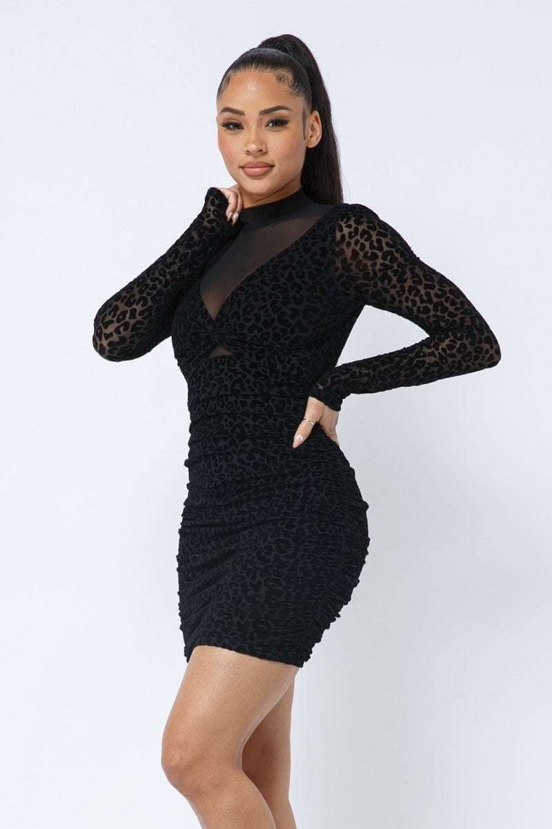 Animal Print Long Sleeve Mock Neck Mini Dress - The Diva Goddess