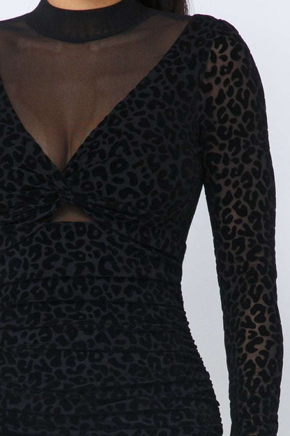 Animal Print Long Sleeve Mock Neck Mini Dress - The Diva Goddess