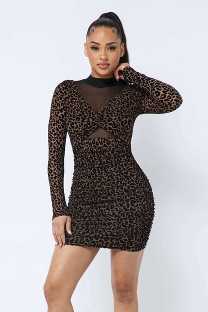 Animal Print Long Sleeve Mock Neck Mini Dress - The Diva Goddess