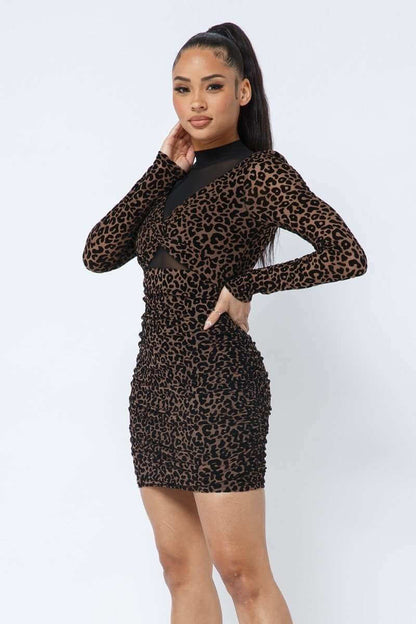 Animal Print Long Sleeve Mock Neck Mini Dress - The Diva Goddess