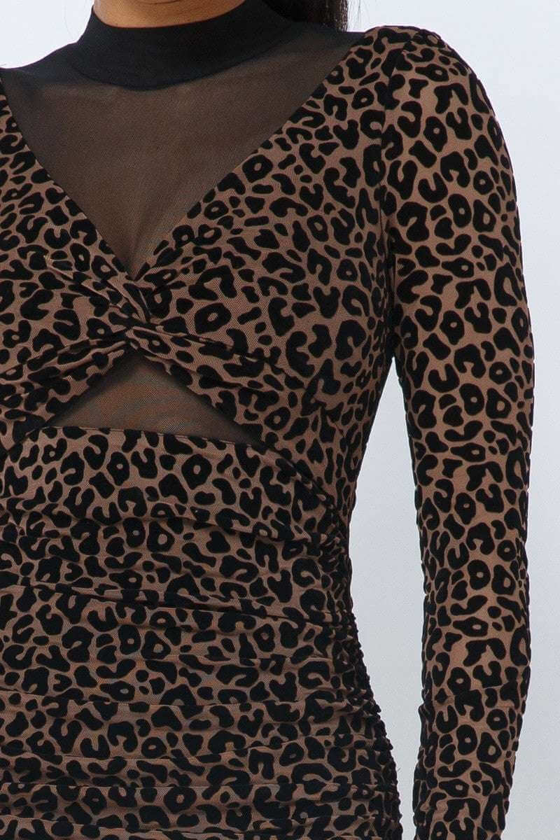 Animal Print Long Sleeve Mock Neck Mini Dress - The Diva Goddess