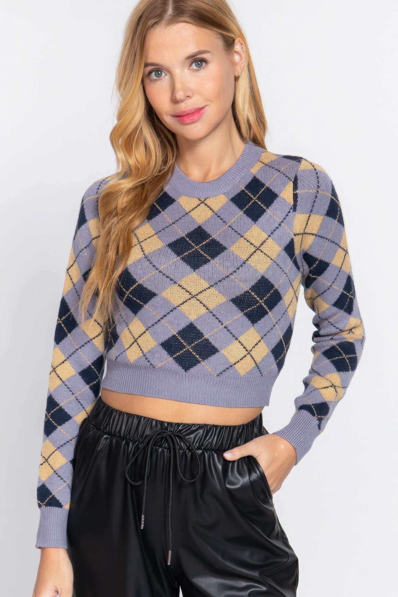 Argyle Jacquard Crop Sweater - The Diva Goddess