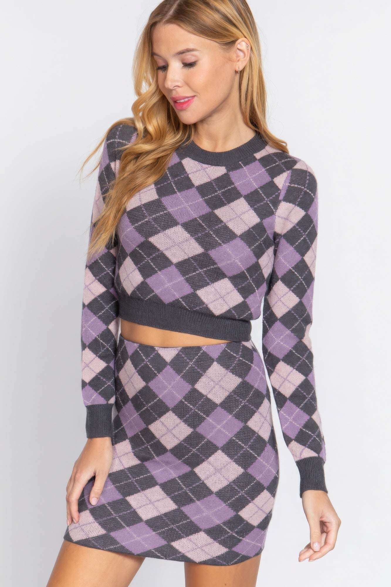 Argyle Jacquard Crop Sweater - The Diva Goddess