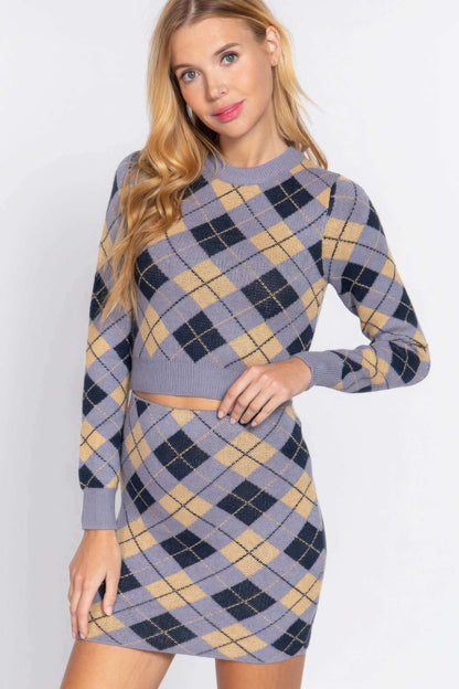 Argyle Jacquard Crop Sweater - The Diva Goddess