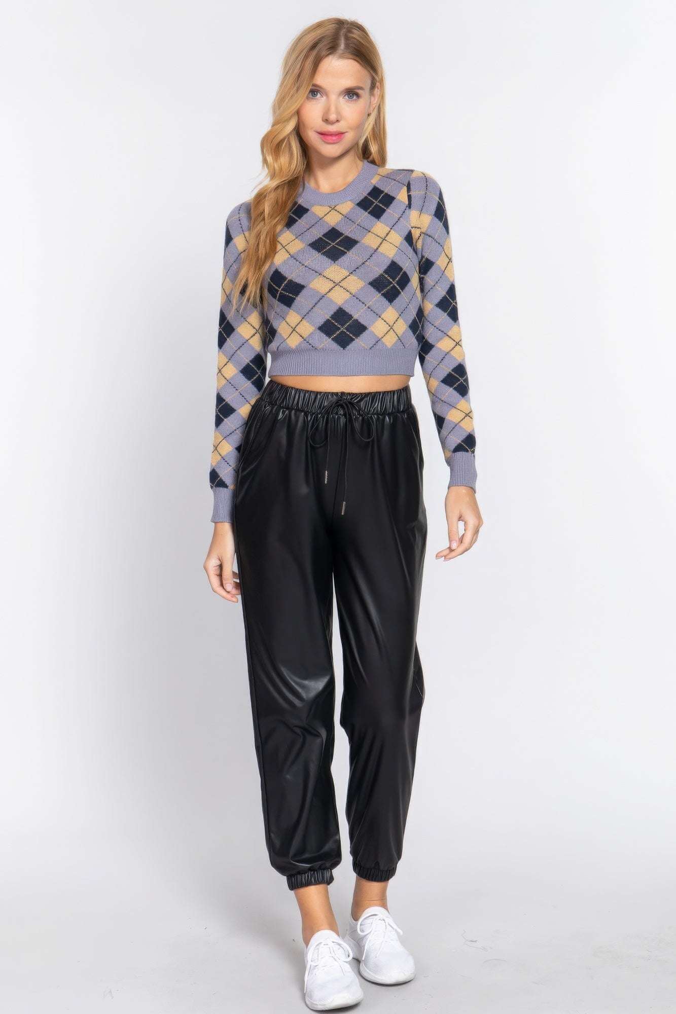 Argyle Jacquard Crop Sweater - The Diva Goddess