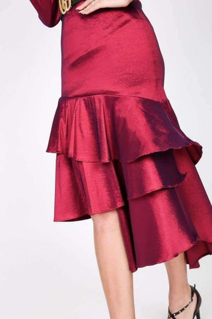 Asymmetrical Ruffle Bottom Satin Skirt - The Diva Goddess