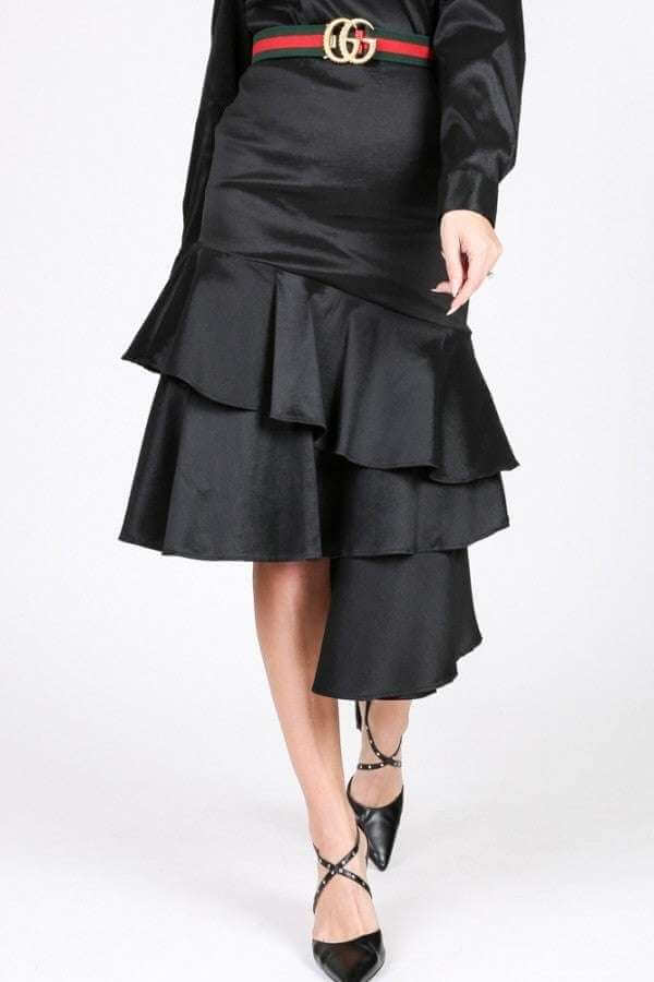 Asymmetrical Ruffle Bottom Satin Skirt - The Diva Goddess