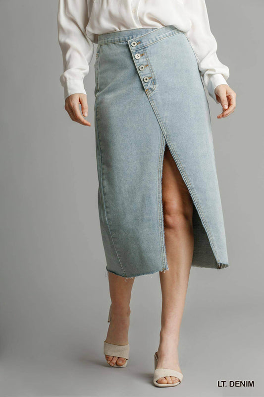 Asymmetrical Waist And Button Up Front Split Denim Skirt With Back Pockets And Unfinished Hem - The Diva Goddess