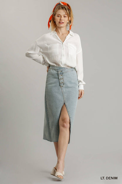 Asymmetrical Waist And Button Up Front Split Denim Skirt With Back Pockets And Unfinished Hem - The Diva Goddess