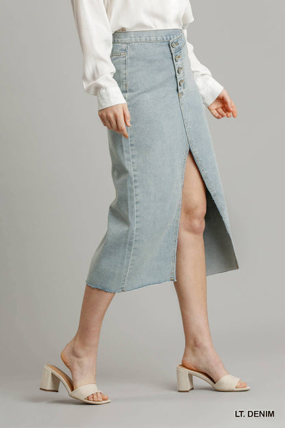 Asymmetrical Waist And Button Up Front Split Denim Skirt With Back Pockets And Unfinished Hem - The Diva Goddess