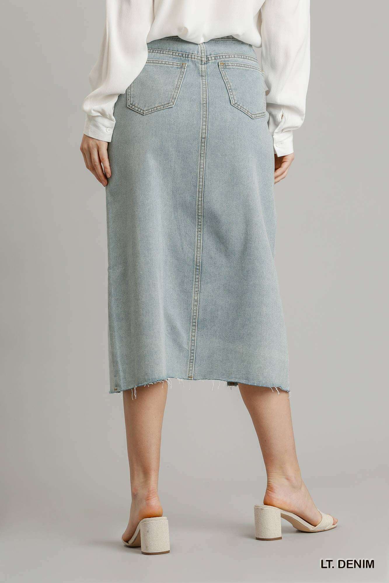 Asymmetrical Waist And Button Up Front Split Denim Skirt With Back Pockets And Unfinished Hem - The Diva Goddess