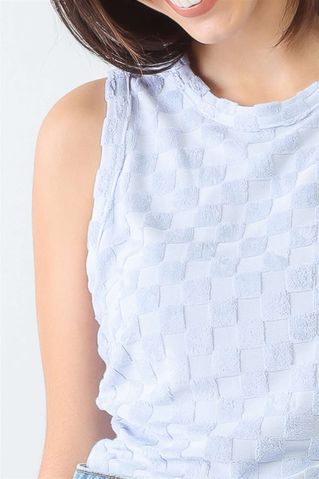 Baby Blue Chess Cage Print Cotton Blend Sleeveless Bodysuit - The Diva Goddess