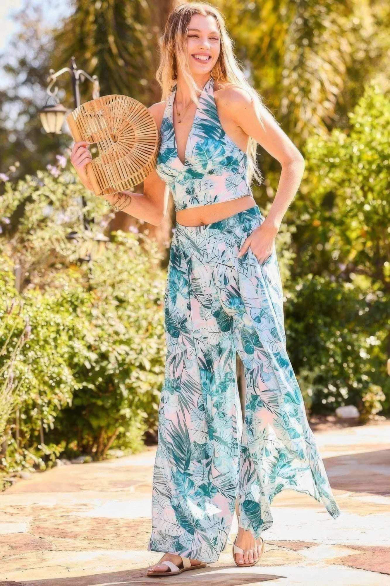 Back Elastic Waist Band Side Pockets Pleat Side Open Slit Tropical Print Pants - The Diva Goddess