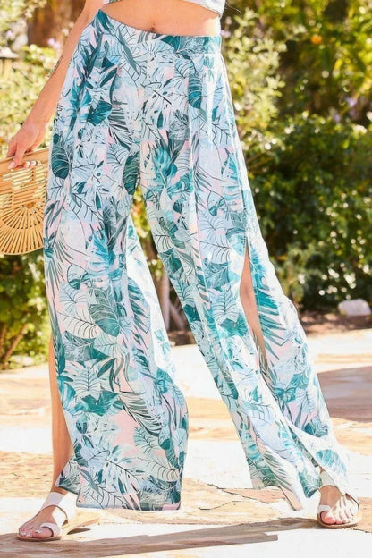 Back Elastic Waist Band Side Pockets Pleat Side Open Slit Tropical Print Pants - The Diva Goddess