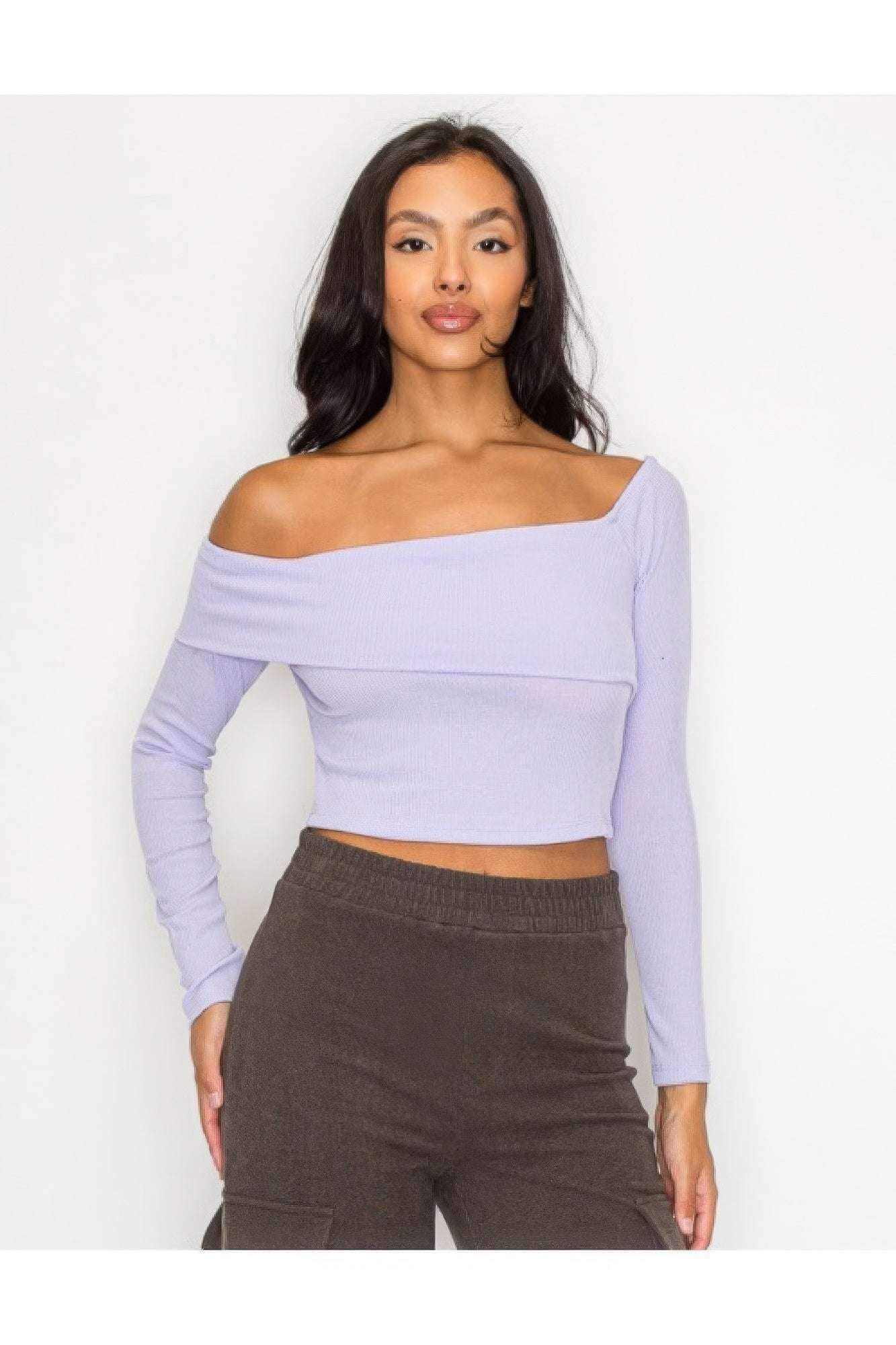 Bardot ribbed long sleeve crop top - The Diva Goddess