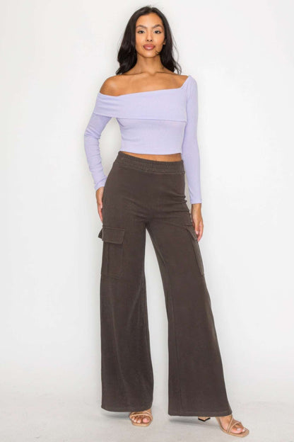 Bardot ribbed long sleeve crop top - The Diva Goddess