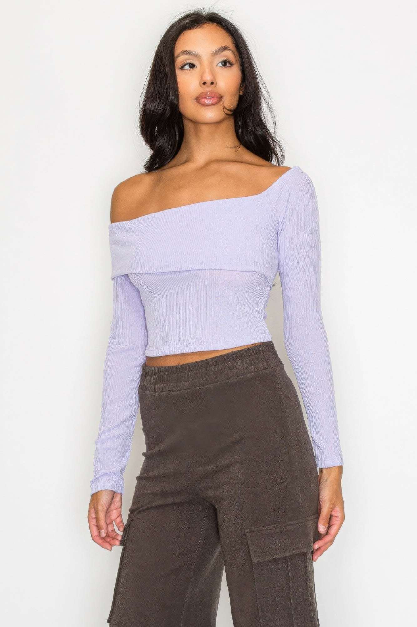 Bardot ribbed long sleeve crop top - The Diva Goddess