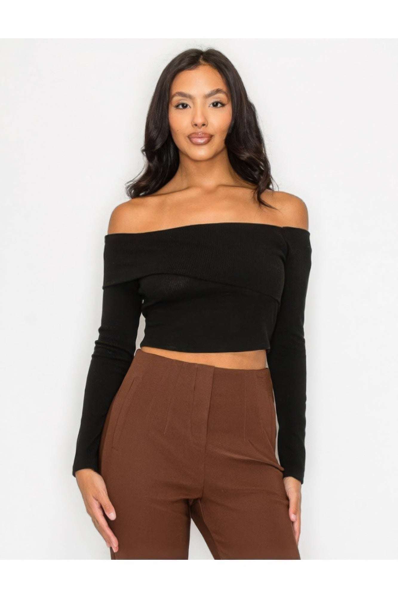 Bardot ribbed long sleeve crop top - The Diva Goddess