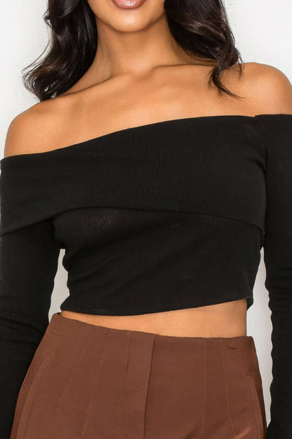 Bardot ribbed long sleeve crop top - The Diva Goddess