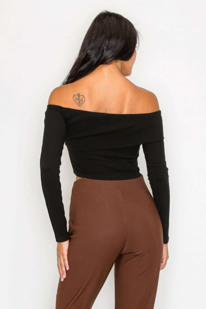 Bardot ribbed long sleeve crop top - The Diva Goddess