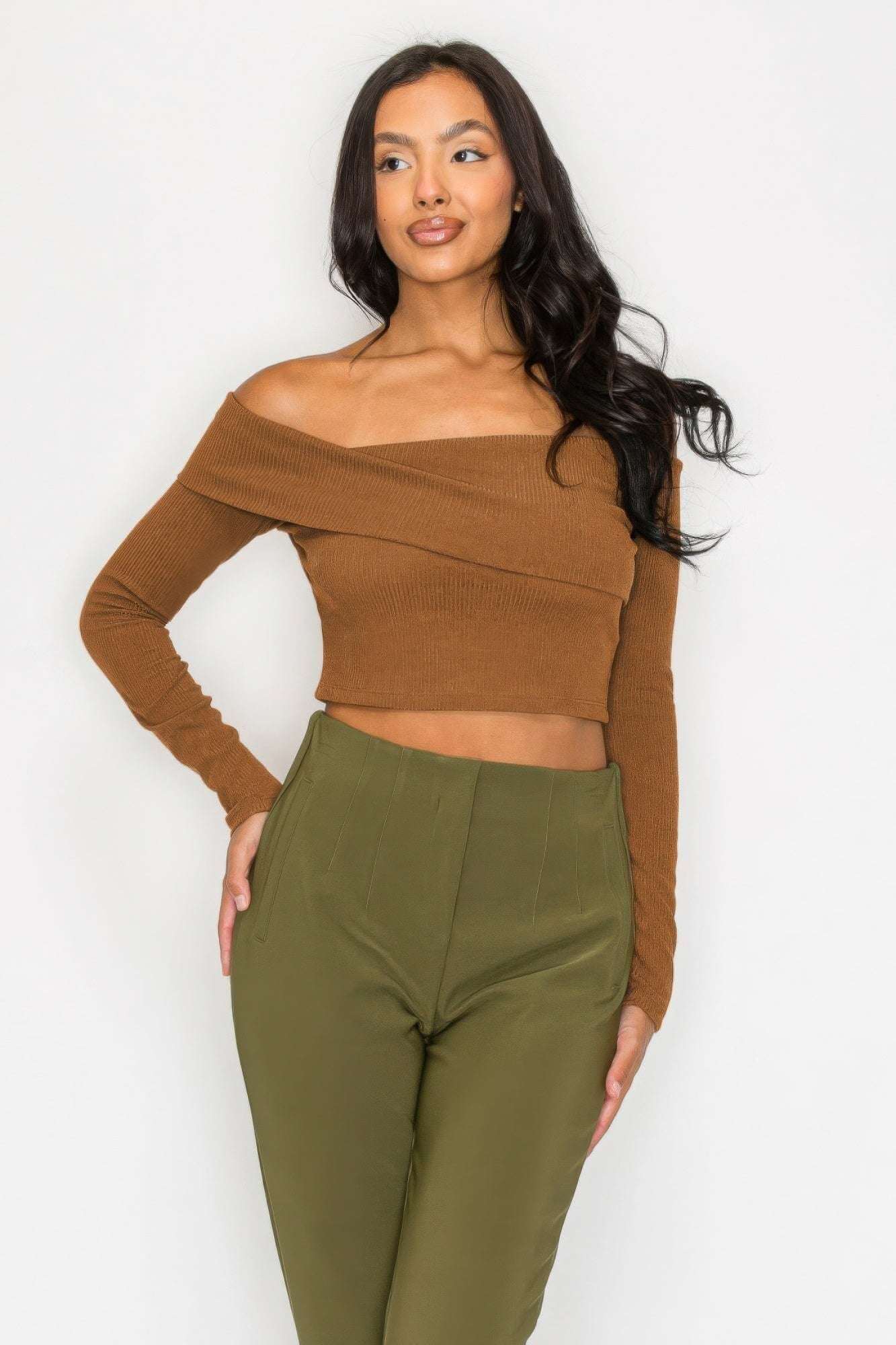 Bardot ribbed long sleeve crop top - The Diva Goddess