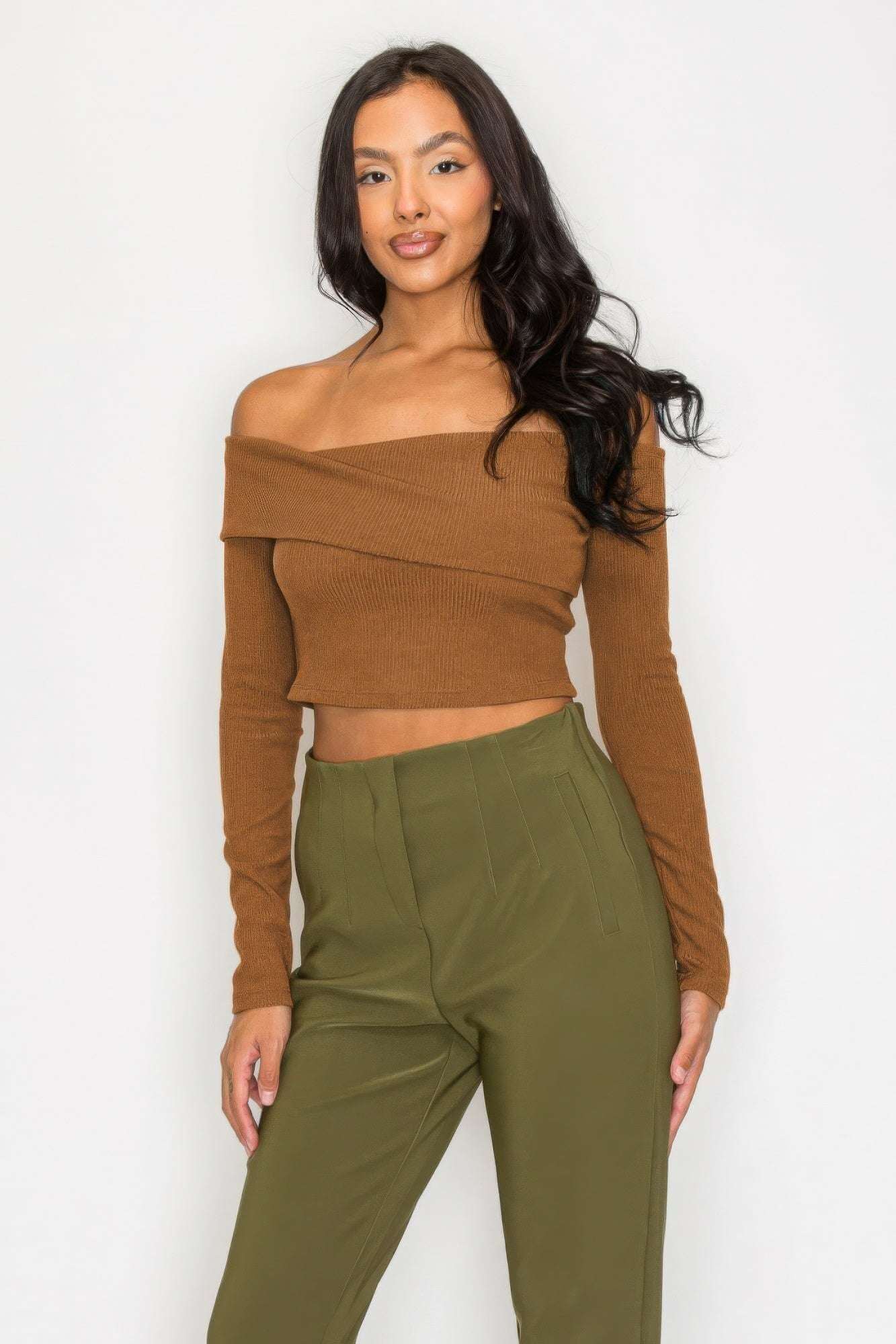 Bardot ribbed long sleeve crop top - The Diva Goddess