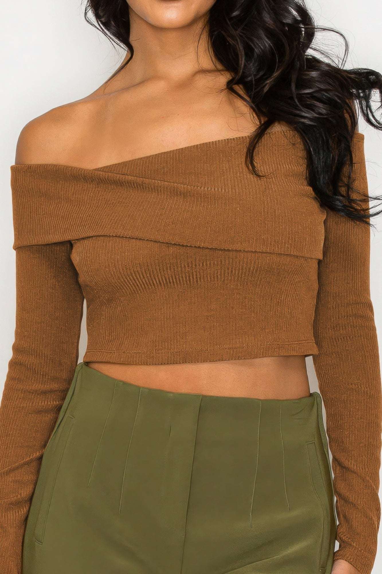 Bardot ribbed long sleeve crop top - The Diva Goddess