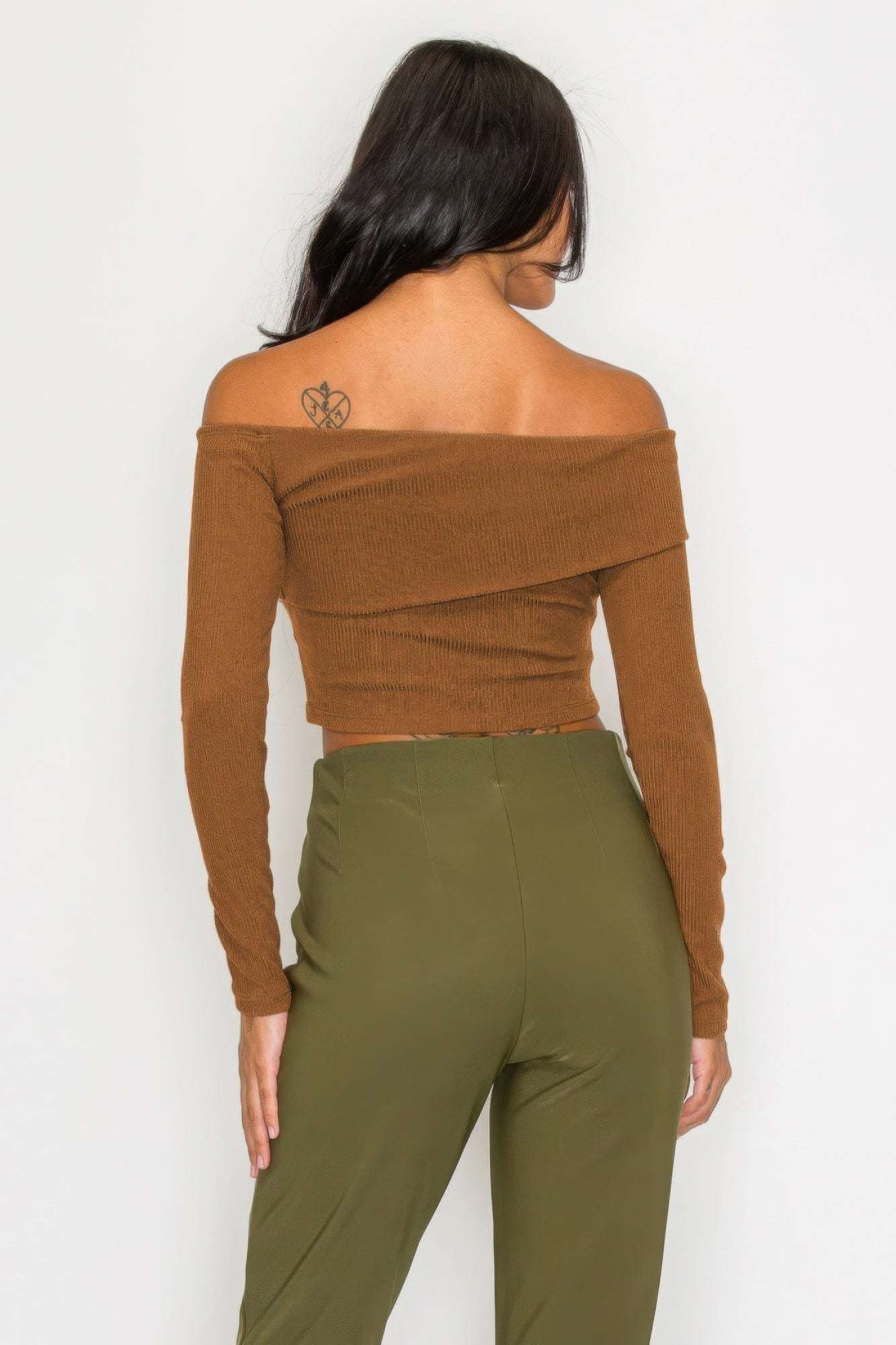 Bardot ribbed long sleeve crop top - The Diva Goddess