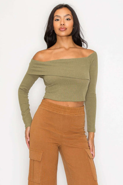 Bardot ribbed long sleeve crop top - The Diva Goddess