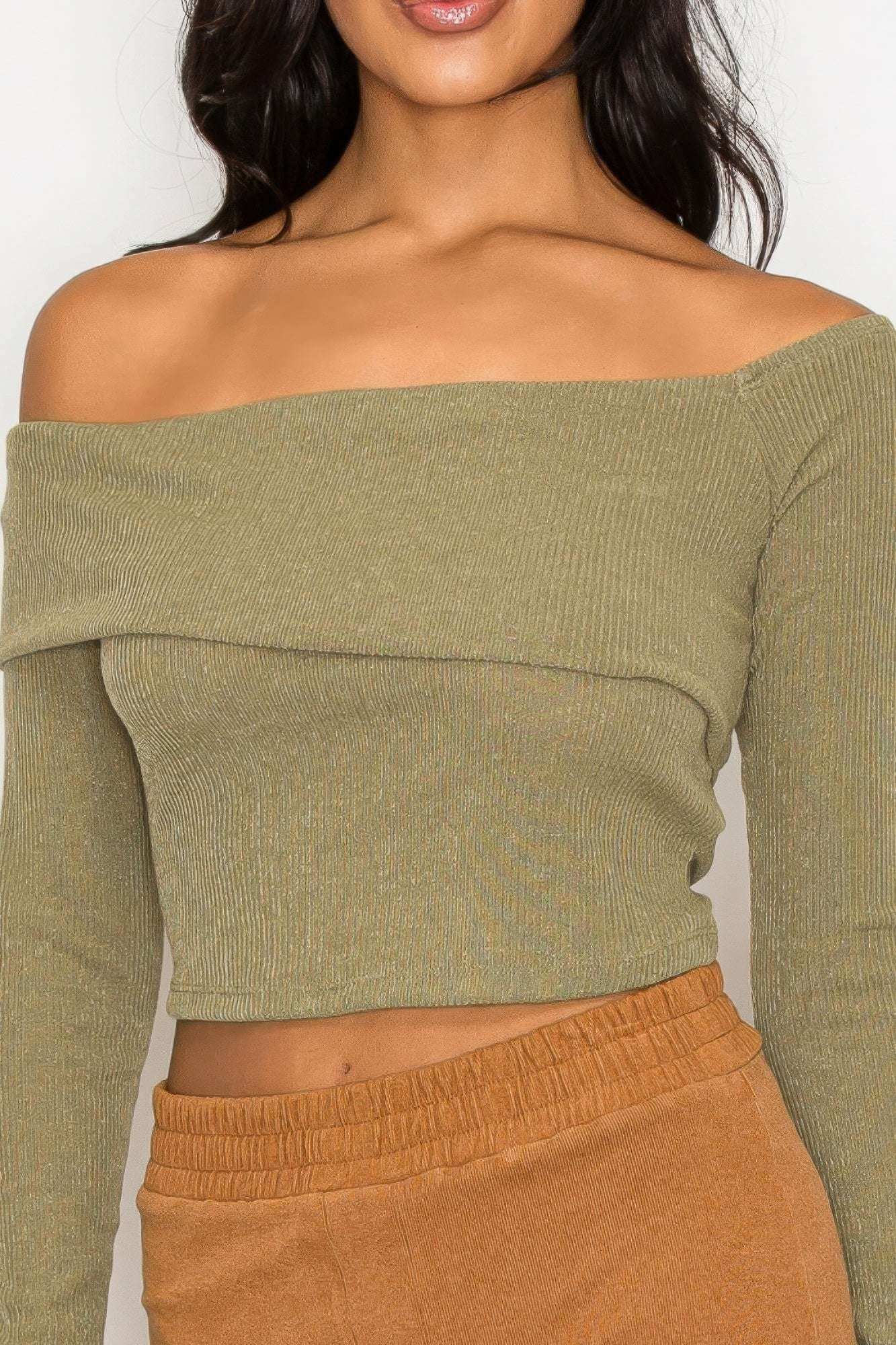 Bardot ribbed long sleeve crop top - The Diva Goddess