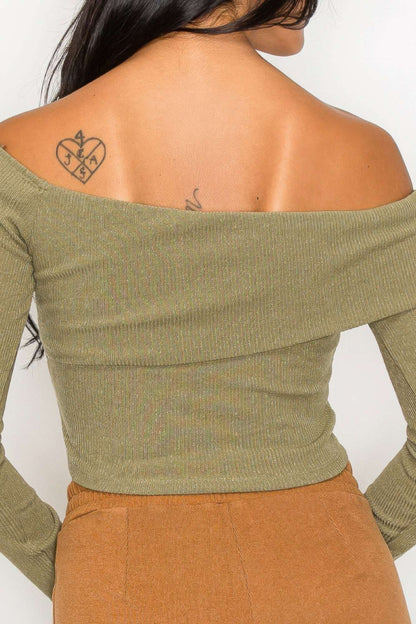 Bardot ribbed long sleeve crop top - The Diva Goddess